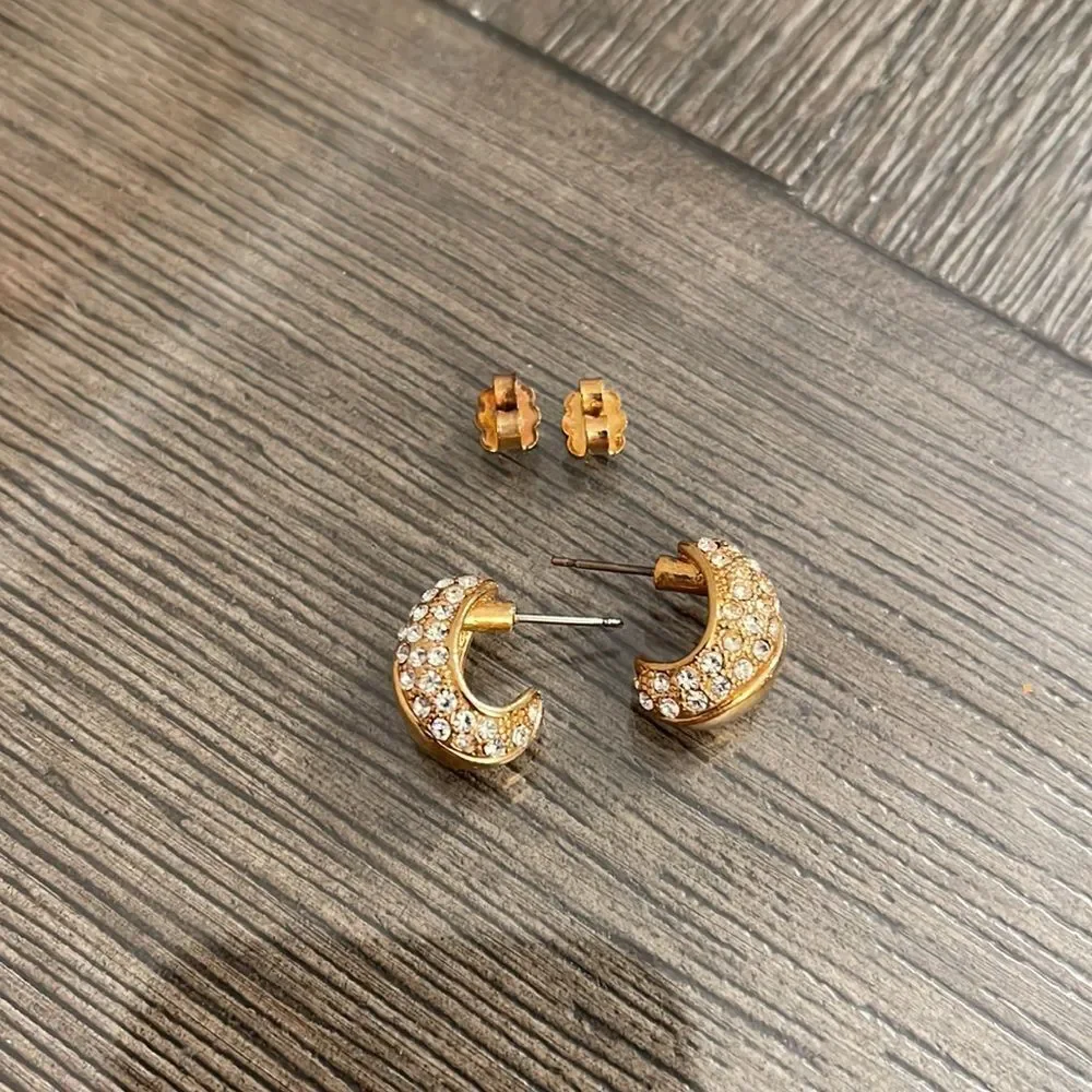 Avon Pave Swirl Earrings, Gold-tone Huggie Hoops with Rhinestones